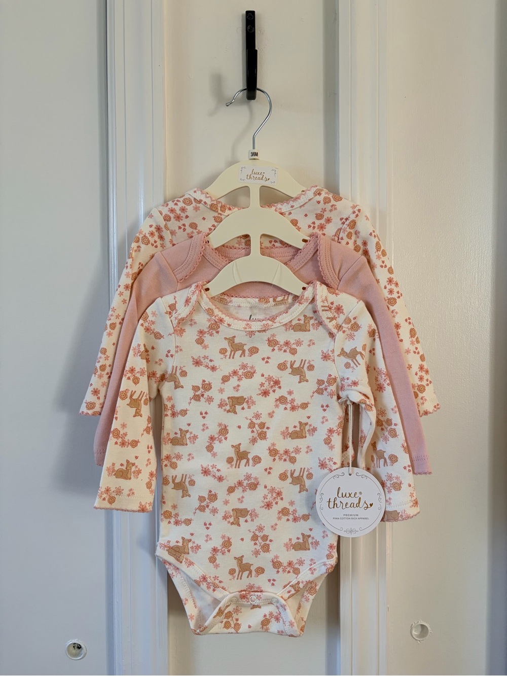 Baby Girls Pink Floral & Deer Long-Sleeve Bodysuit Set of Three